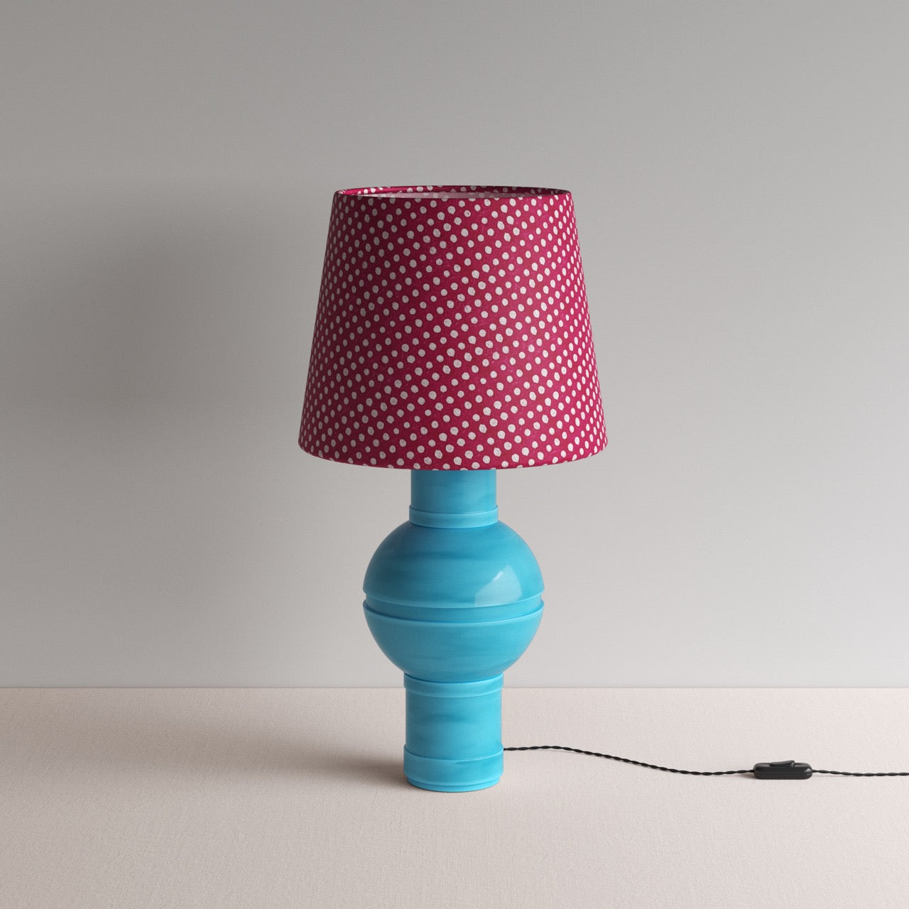  Orb Ceramic Table Lamp Base in Turquoise, With Humbug Straight Empire Batik Paper Lamp Shade in Dotty Maroon - Nicola Harding 