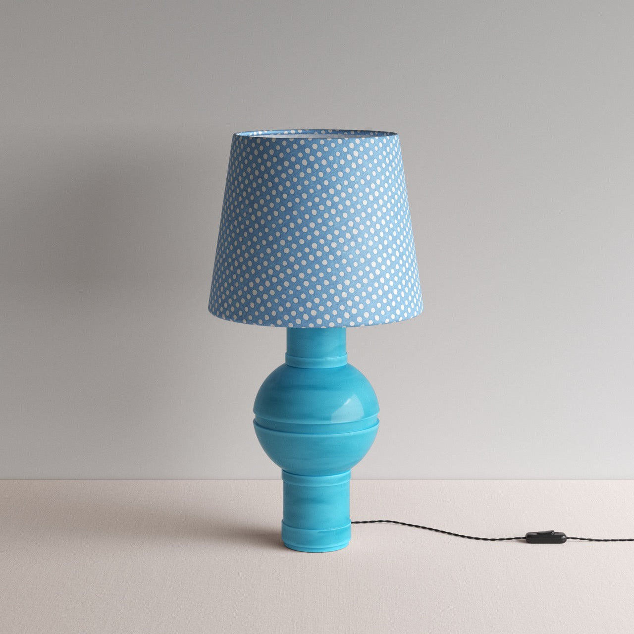  Orb Ceramic Table Lamp Base in Turquoise, With Humbug Straight Empire Batik Paper Lamp Shade in Dotty Sky Blue - Nicola Harding 