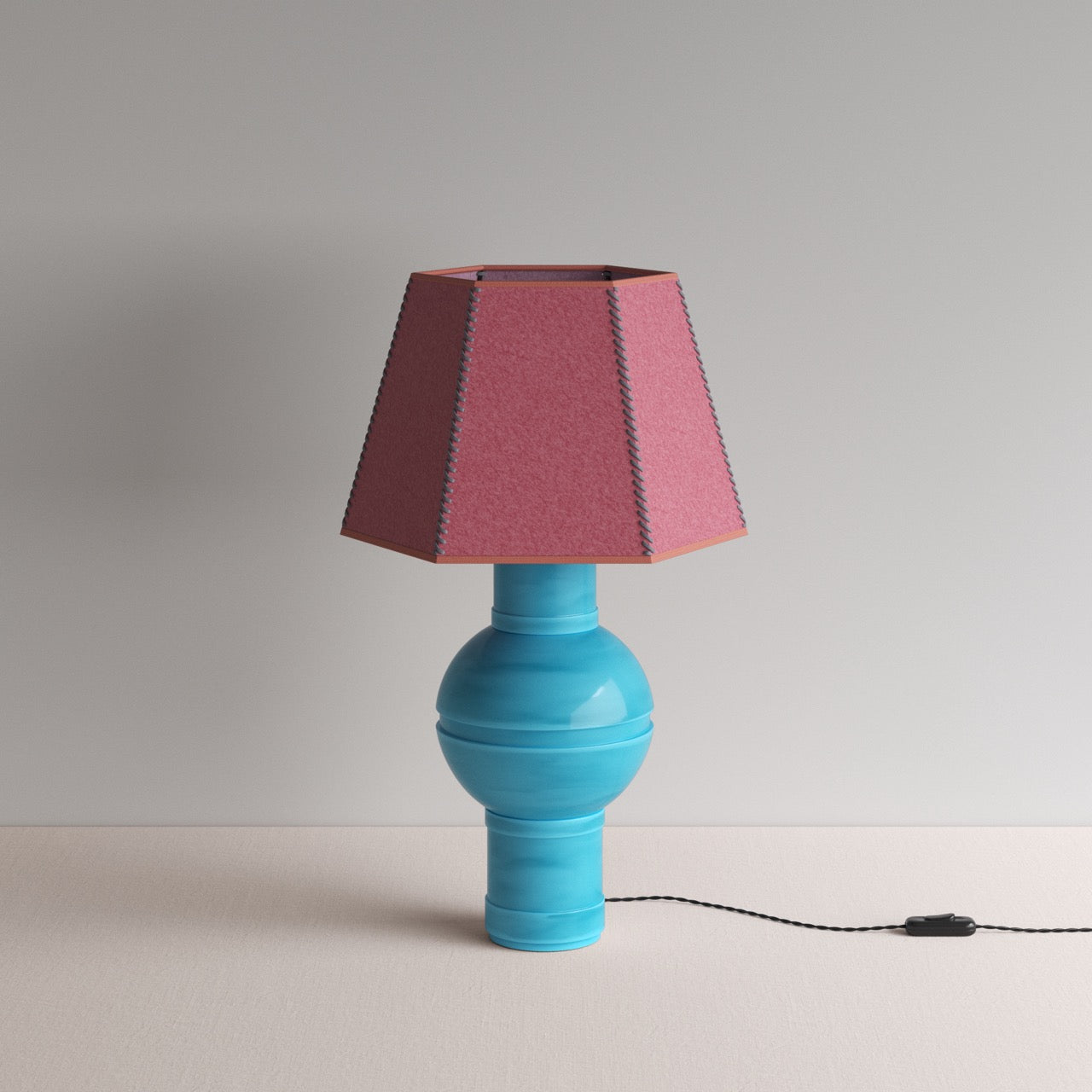 Orb Ceramic Table Lamp Base in Turquoise, With Townhouse Hexagonal Lamp Shade in Burgundy with Pink Trim & Stitching - Nicola Harding