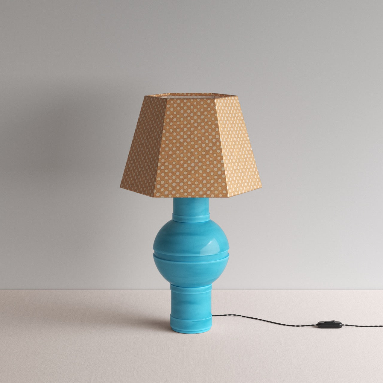 Orb Ceramic Table Lamp Base in Turquoise, With Townhouse Hexagonal Lamp Shade in Dotty Tan - Nicola Harding