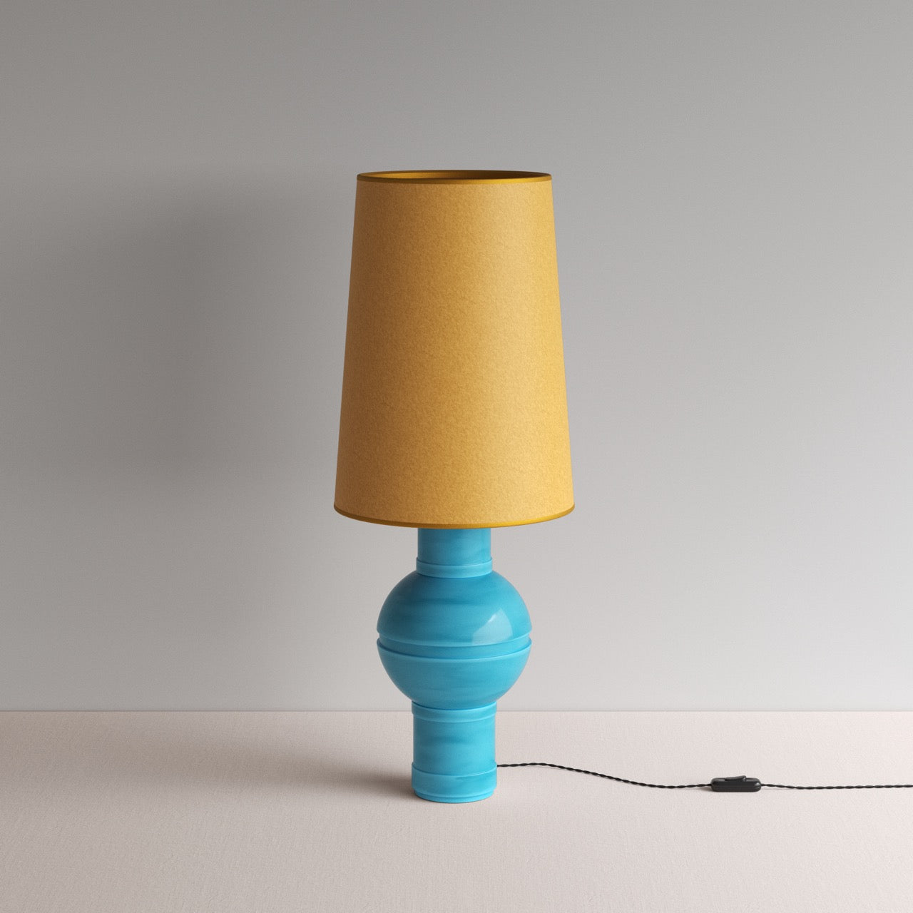  Orb Ceramic Table Lamp Base in Turquoise, With Whimsical Tall Straight Empire Lamp Shade in Mustard with Antiqued Gold Trim - Nicola Harding 