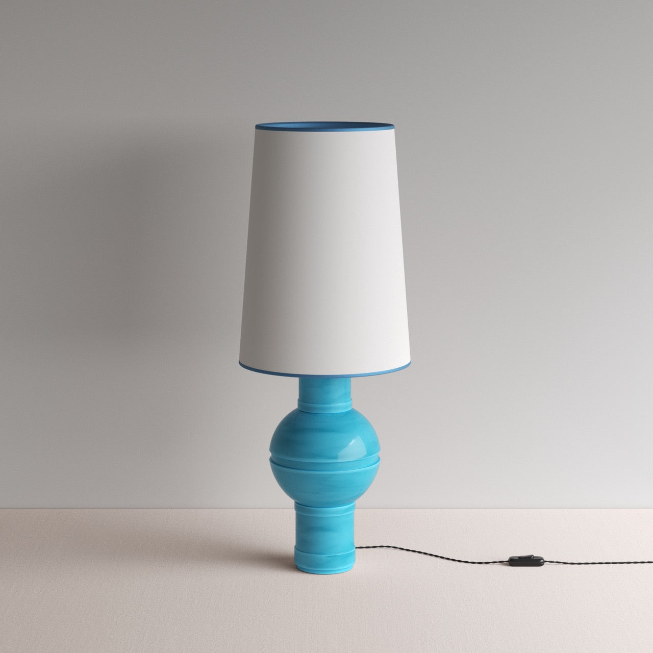  Orb Ceramic Table Lamp Base in Turquoise, With Whimsical Tall Straight Empire Lamp Shade in Soft White with Peacock Blue Trim - Nicola Harding 