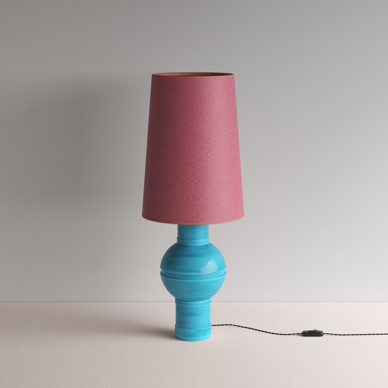  Orb Ceramic Table Lamp Base in Turquoise, With Whimsical Tall Straight Empire Lamp Shade in Burgundy - Nicola Harding 