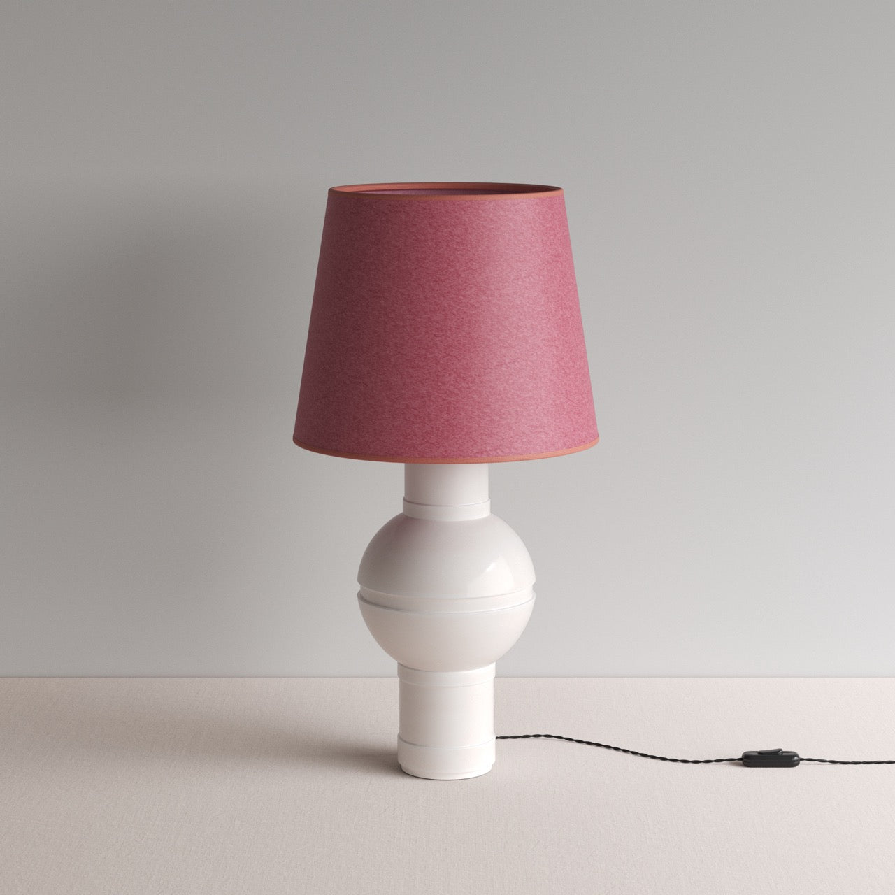  Orb Ceramic Table Lamp Base in Warm White, With Humbug Straight Empire Paper Lampshade in Burgundy Paper with Pink Trim - By NiX 