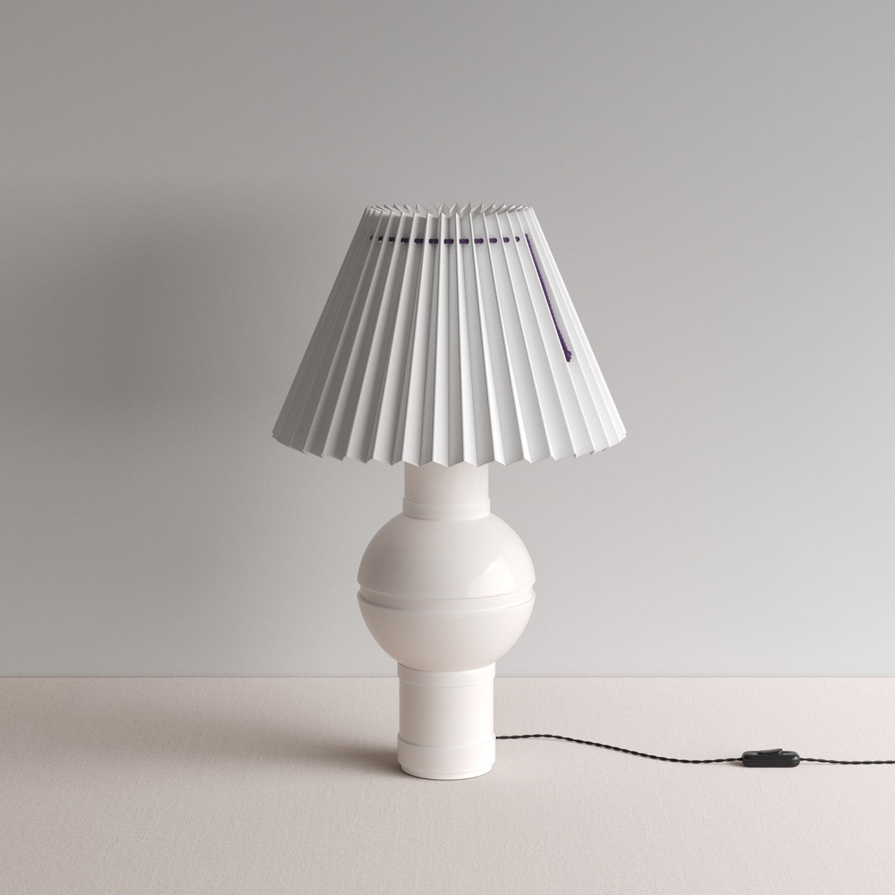 Orb Ceramic Table Lamp Base in Warm White, With Sunburst Concertina Natural Pleat Lamp Shade with Blackberry Cord - By NiX