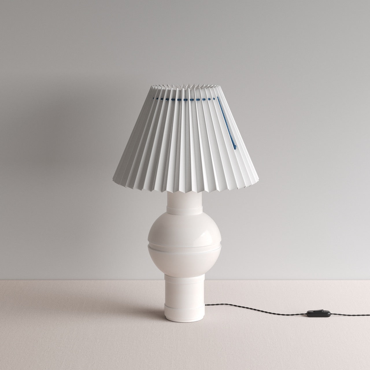 Orb Ceramic Table Lamp Base in Warm White, With Sunburst Concertina Natural Pleat Lamp Shade with Blue Cord - By NiX