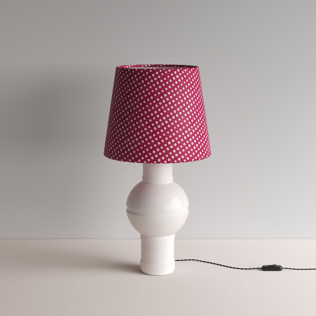  Orb Ceramic Table Lamp Base in Warm White, With Humbug Straight Empire Batik Paper Lamp Shade in Dotty Maroon - By NiX 