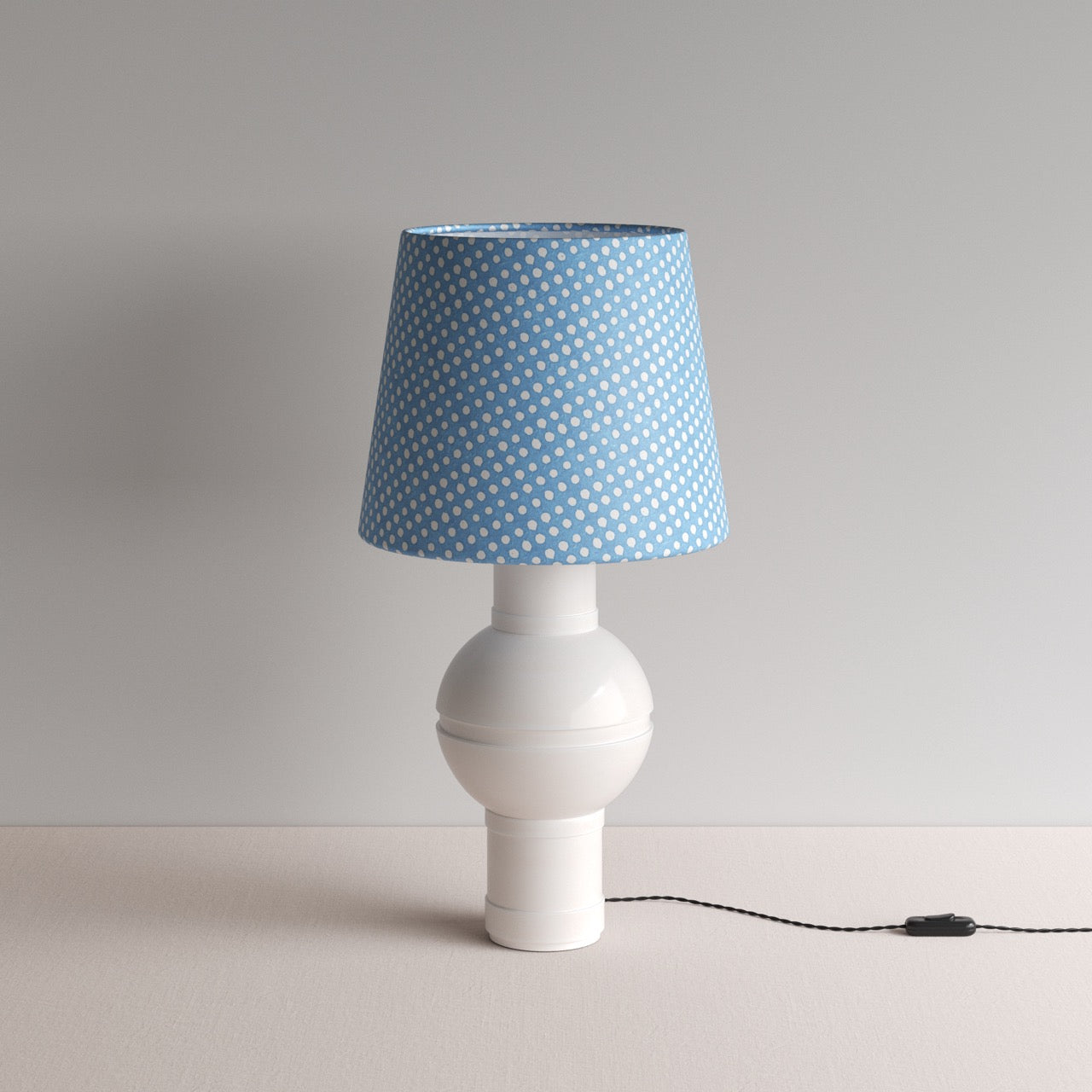  Orb Ceramic Table Lamp Base in Warm White, With Humbug Straight Empire Batik Paper Lamp Shade in Dotty Sky Blue - By NiX 