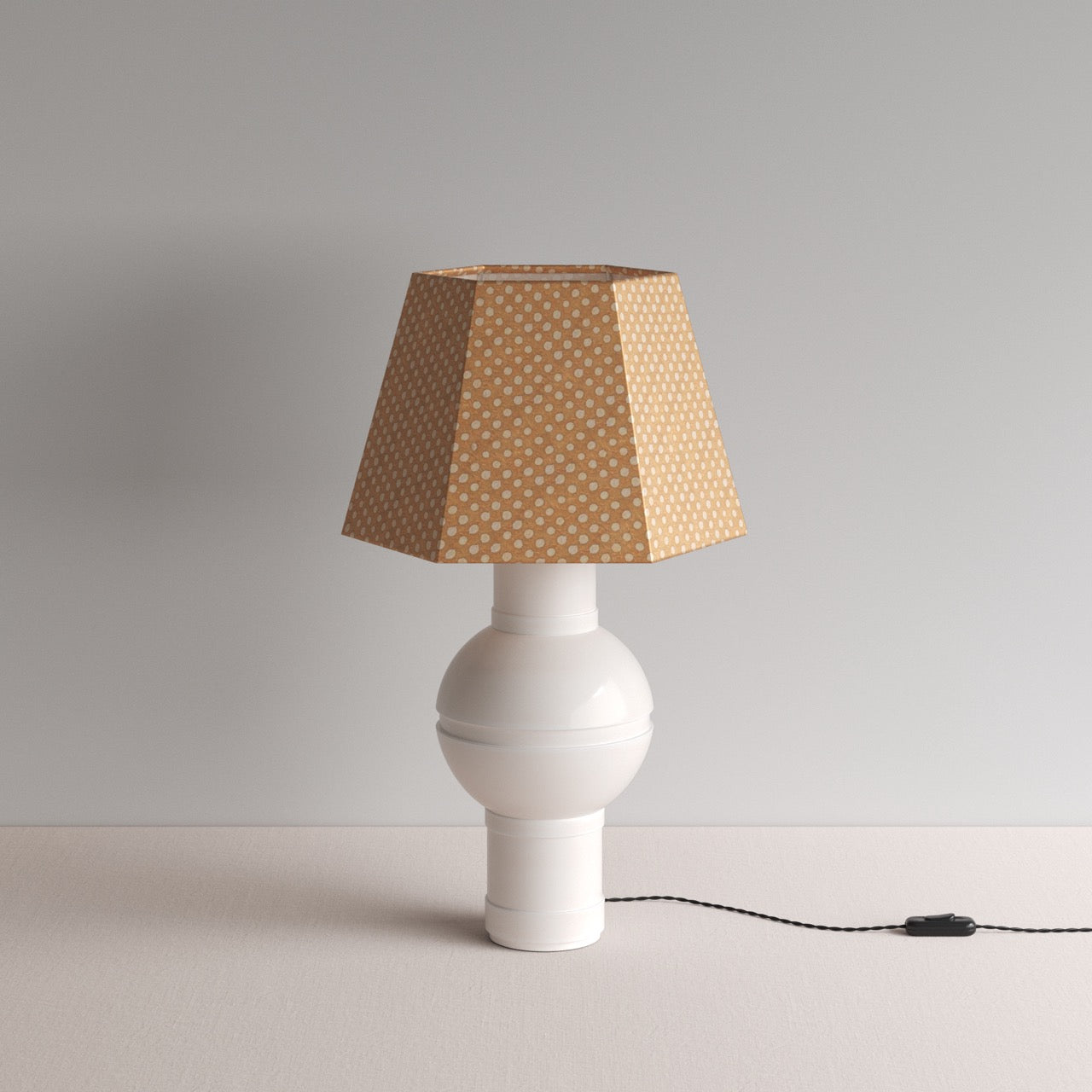  Orb Ceramic Table Lamp Base in Warm White, With Townhouse Hexagonal Lamp Shade in Dotty Tan - By NiX 