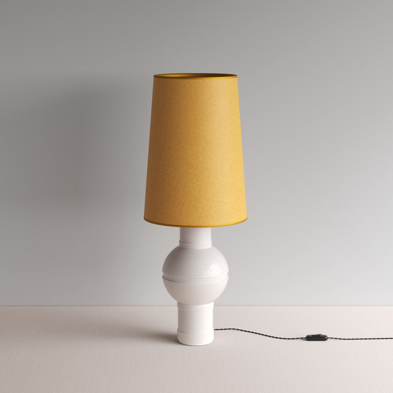  Orb Ceramic Table Lamp Base in Warm White, With Whimsical Tall Straight Empire Lamp Shade in Mustard with Antiqued Gold Trim - By NiX 