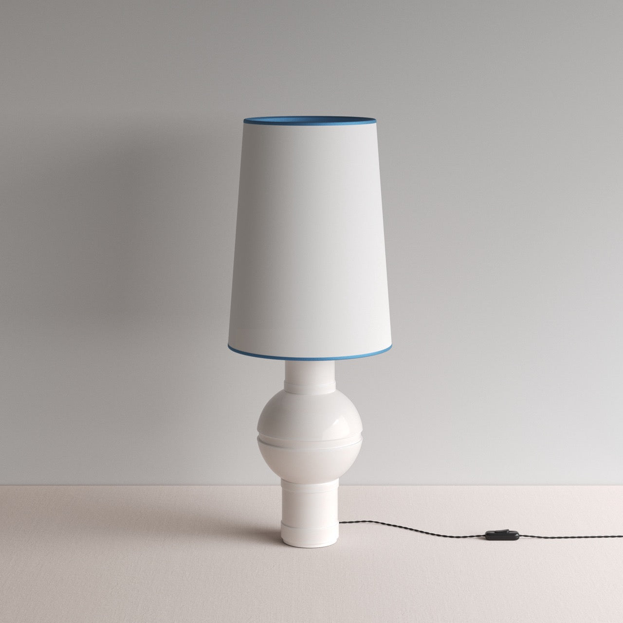 Orb Ceramic Table Lamp Base in Warm White, With Whimsical Tall Straight Empire Lamp Shade in Soft White with Peacock Blue Trim - By NiX