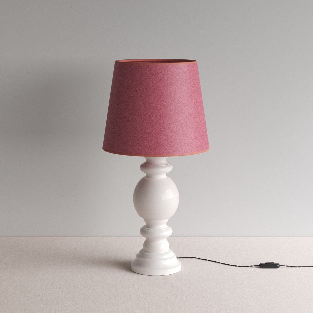 Hourglass Ceramic Table Lamp Base in White, With Humbug Straight Empire Paper Lampshade in Burgundy Paper with Pink Trim - By NiX