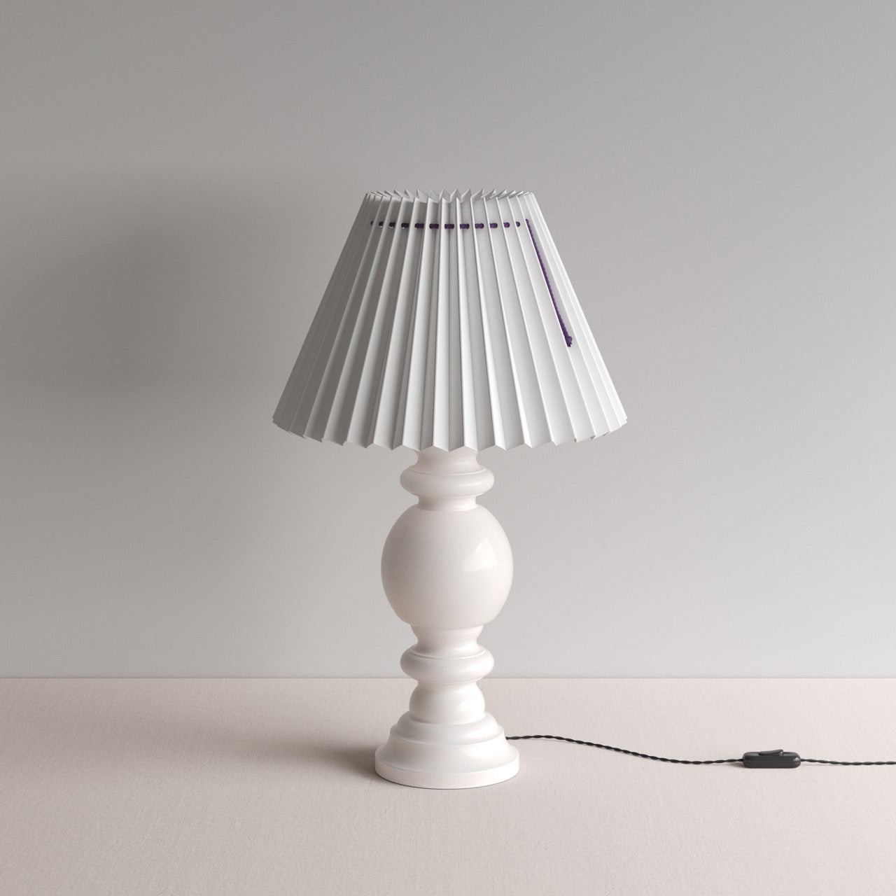  Hourglass Ceramic Table Lamp Base in White, With Sunburst Concertina Natural Pleat Lamp Shade with Blackberry Cord - By NiX 