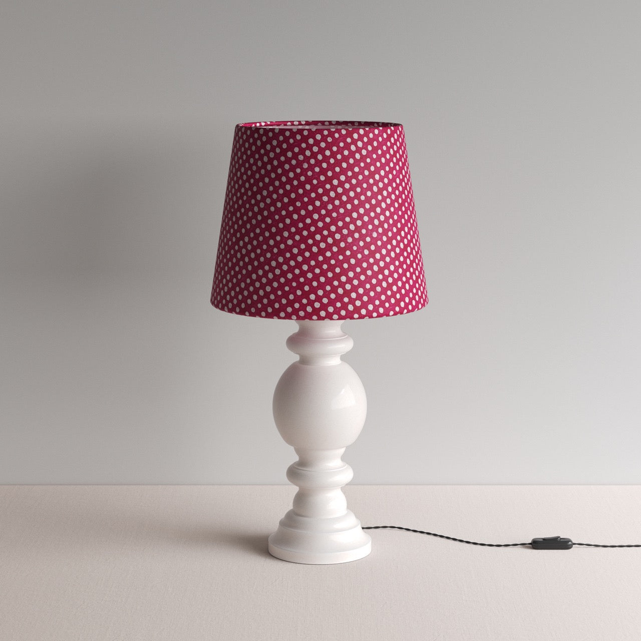 Hourglass Ceramic Table Lamp Base in White, With Humbug Straight Empire Batik Paper Lamp Shade in Dotty Maroon - By NiX