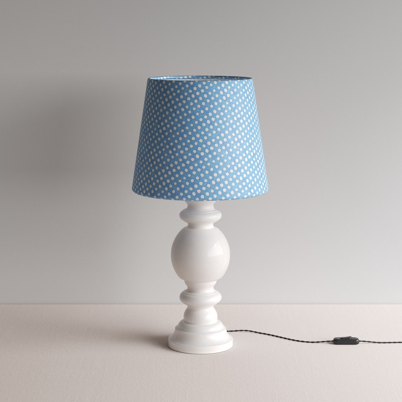 Hourglass Ceramic Table Lamp Base in White, With Humbug Straight Empire Batik Paper Lamp Shade in Dotty Sky Blue - By NiX