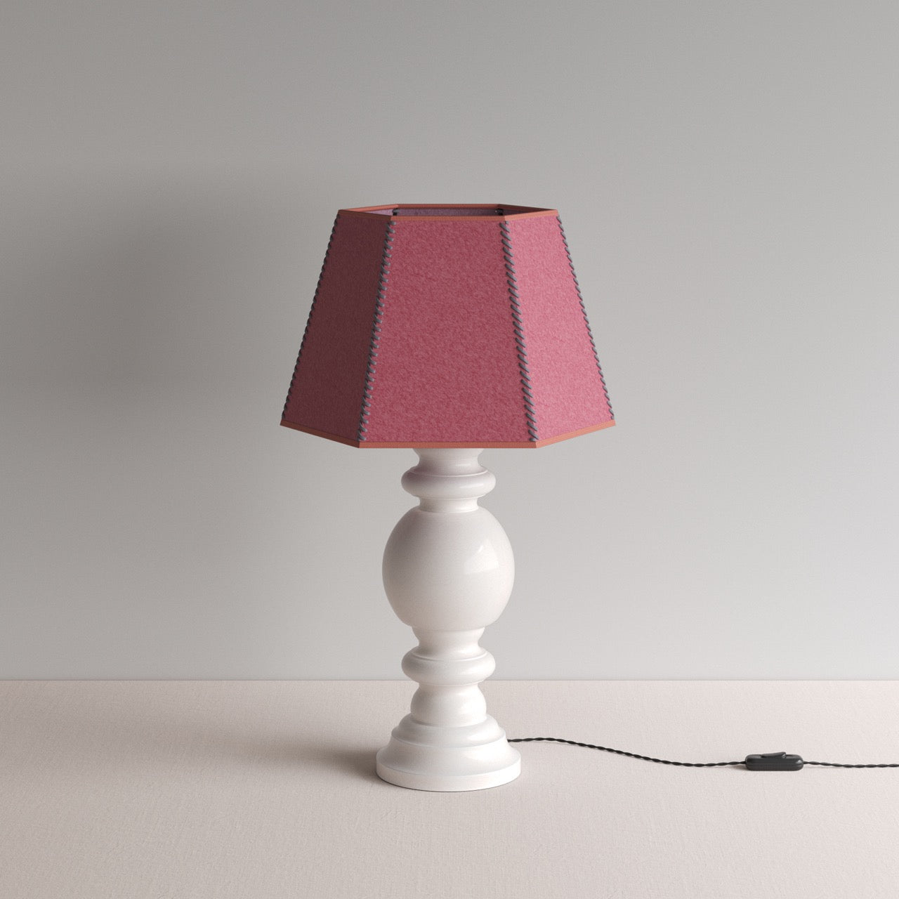  Hourglass Ceramic Table Lamp Base in White, With Townhouse Hexagonal Lamp Shade in Burgundy with Pink Trim & Stitching - By NiX 