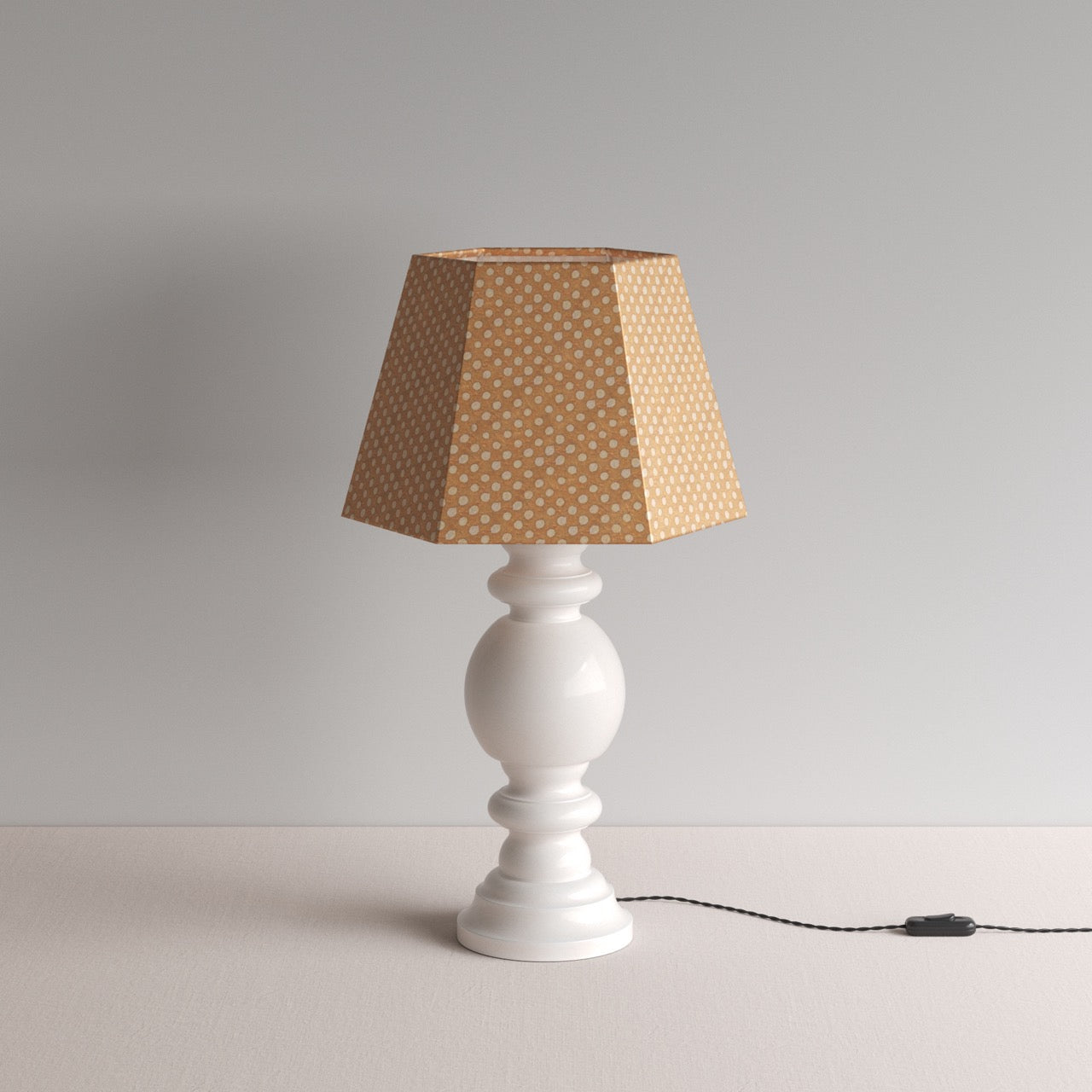 Hourglass Ceramic Table Lamp Base in White, With Townhouse Hexagonal Lamp Shade in Dotty Tan - By NiX