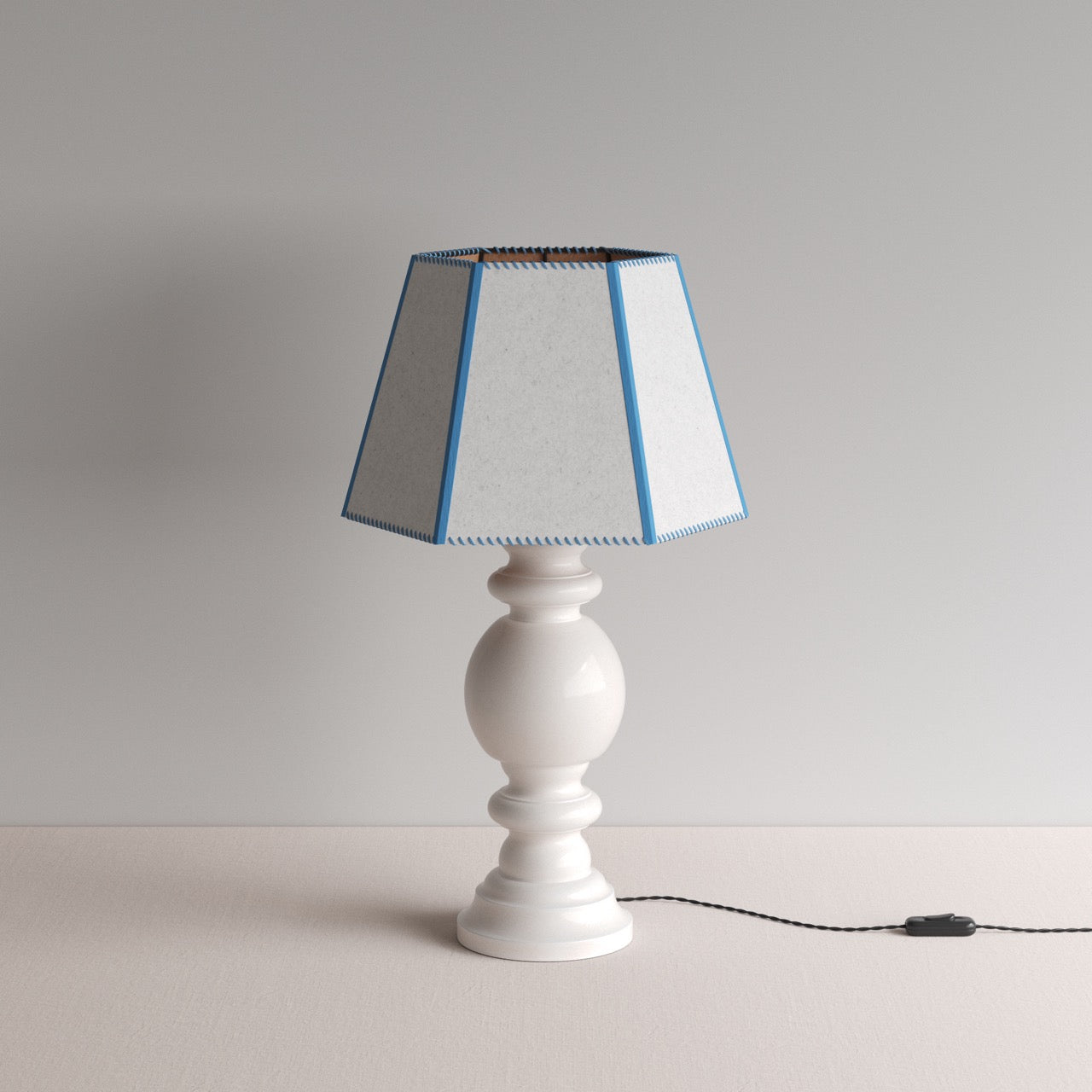 Hourglass Ceramic Table Lamp Base in White, With Townhouse Hexagonal Lamp Shade in Soft White with Peacock Blue Trim & Stitching - By NiX