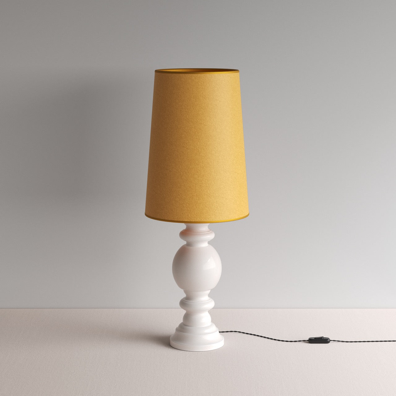  Hourglass Ceramic Table Lamp Base in White, With Whimsical Tall Straight Empire Lamp Shade in Mustard with Antiqued Gold Trim- By NiX 