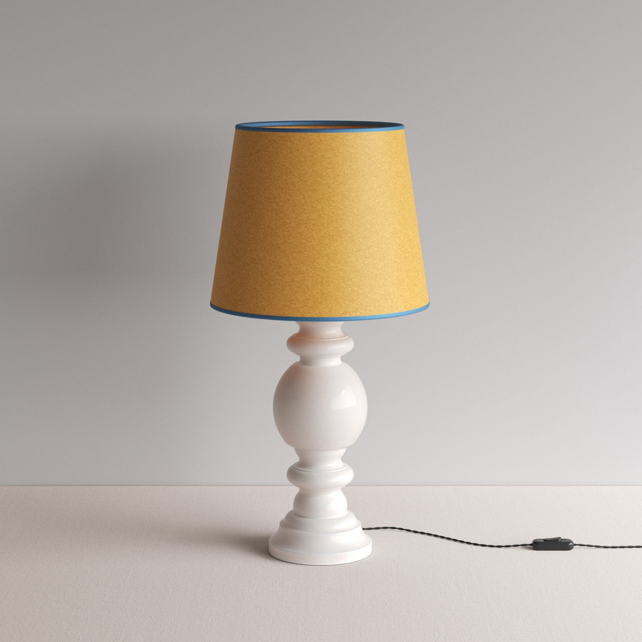  Hourglass Ceramic Table Lamp Base in White, With Humbug Straight Empire Paper Lamp Shade in Mustard with Blue Trim - By NiX 