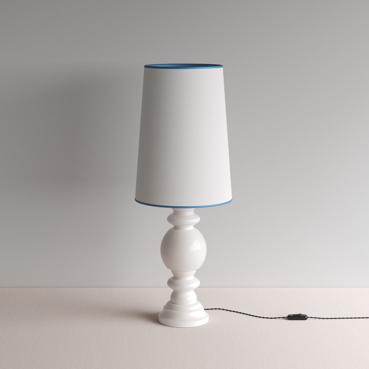 Hourglass Ceramic Table Lamp Base in White, With Whimsical Tall Straight Empire Lamp Shade in Soft White with Peacock Blue Trim - By NiX