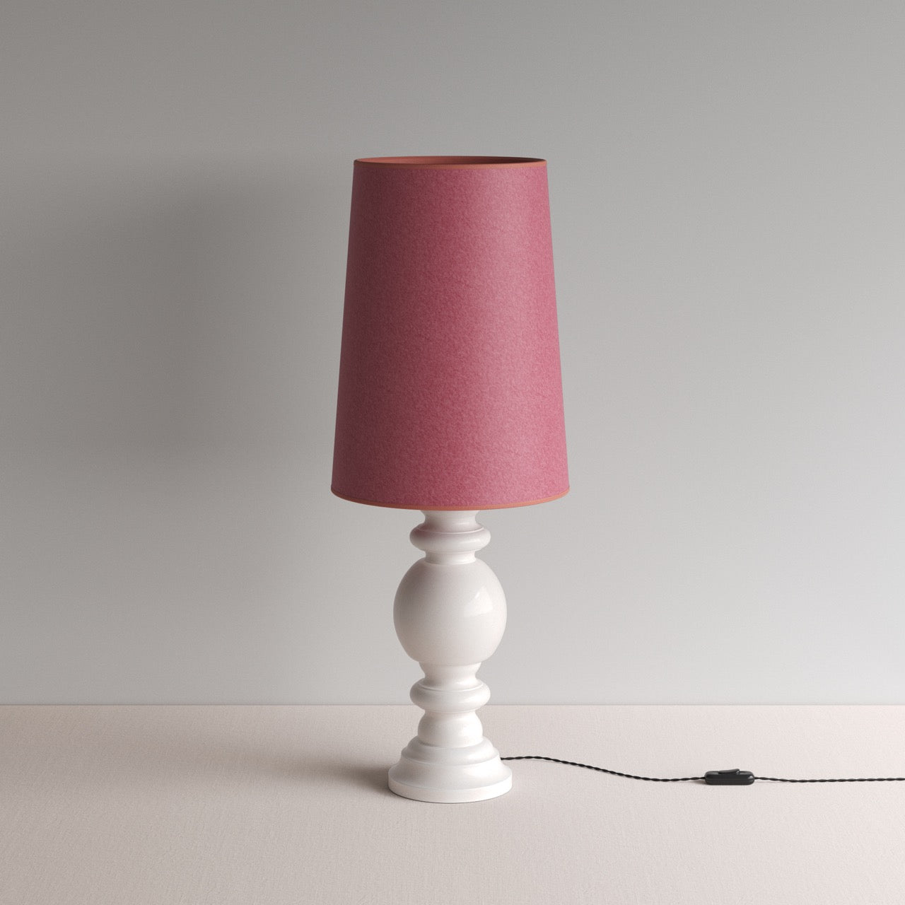  Hourglass Ceramic Table Lamp Base in White, With Whimsical Tall Straight Empire Lamp Shade in Burgundy - By NiX 