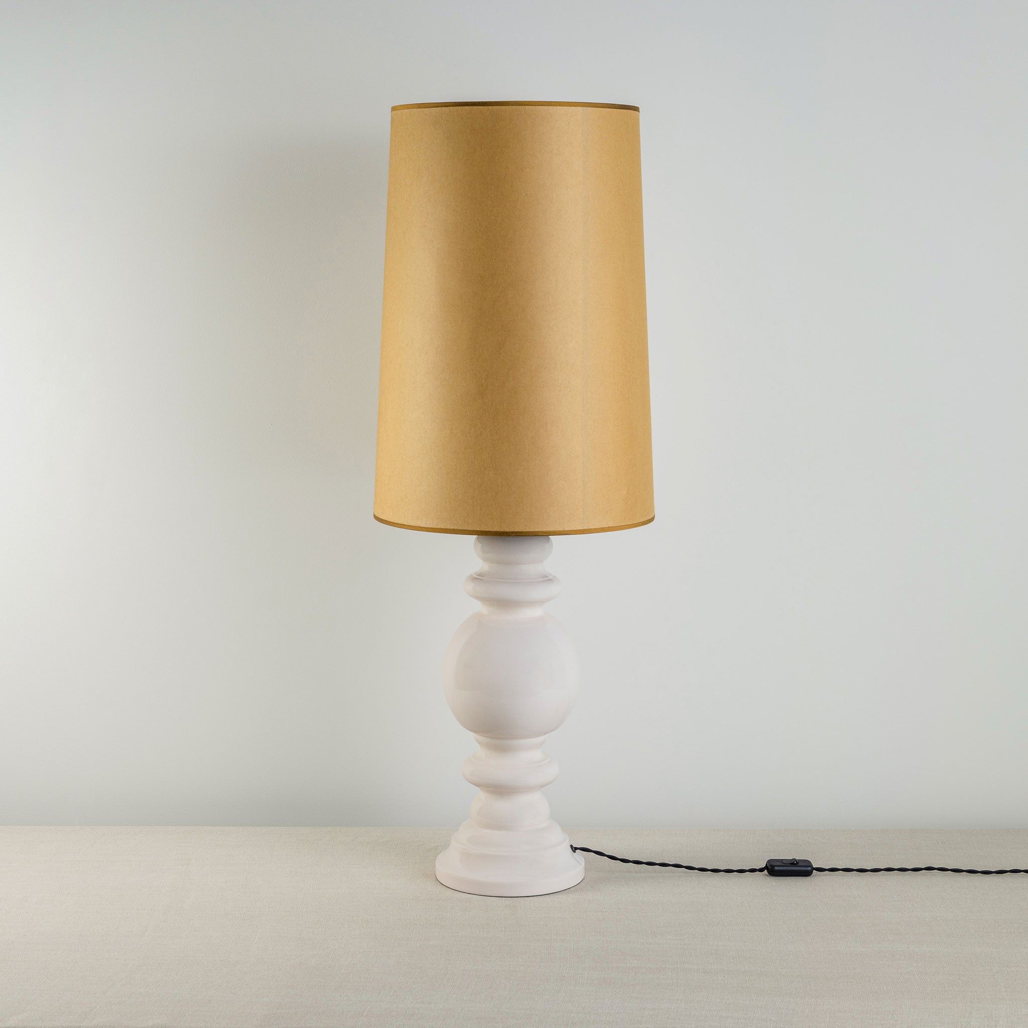  Hourglass Ceramic Table Lamp Base in White, With Whimsical Tall Straight Empire Lamp Shade in Mustard with Antiqued Gold Trim - Nicola Harding 