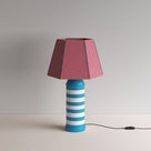  Humbug Striped Ceramic Table Lamp Base in Blue & Warm White, With Townhouse Hexagonal Lamp Shade in Burgundy with Pink Trim & Stitching - By NiX 