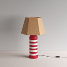  Humbug Striped Ceramic Table Lamp Base in Cherry Red & Warm White, With   Townhouse Hexagonal Lamp Shade in Dotty Tan - By NiX 