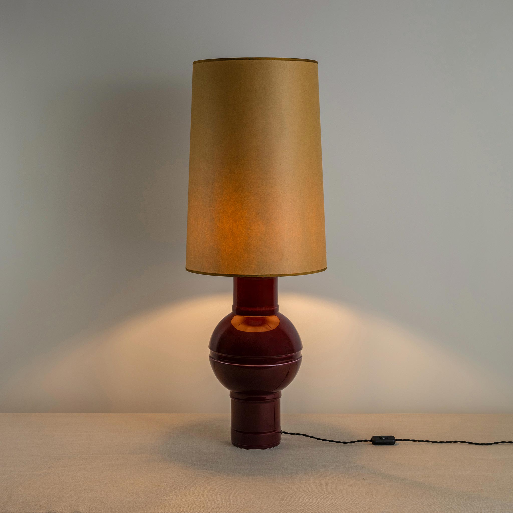  Orb Ceramic Table Lamp Base in Red, With Whimsical Tall Straight Empire Lamp Shade in Mustard with Antiqued Gold Trim With lights 'ON' - Nicola Harding 