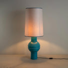  Orb Ceramic Table Lamp Base in Turquoise, With Whimsical Tall Straight Empire Lamp Shade in Soft White with Peacock Blue Trim, With Lights 'ON' - Nicola Harding 