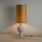  Orb Ceramic Table Lamp Base in Warm White, With Whimsical Tall Straight Empire Lamp Shade in Mustard with Antiqued Gold Trim With Lights 'ON' - By NiX 