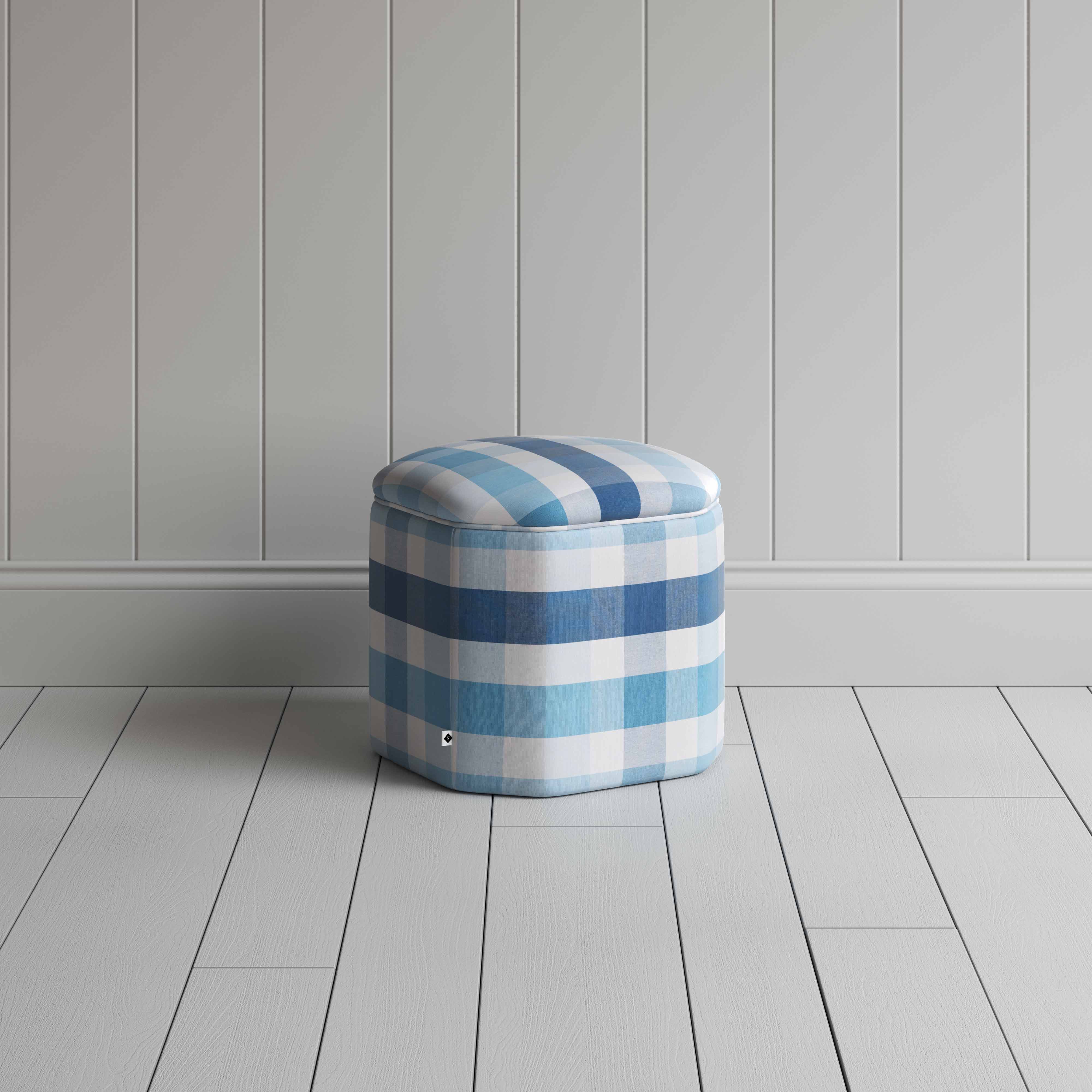  Thither Hexagonal Ottoman in Checkmate Cotton, Blue - NiX 