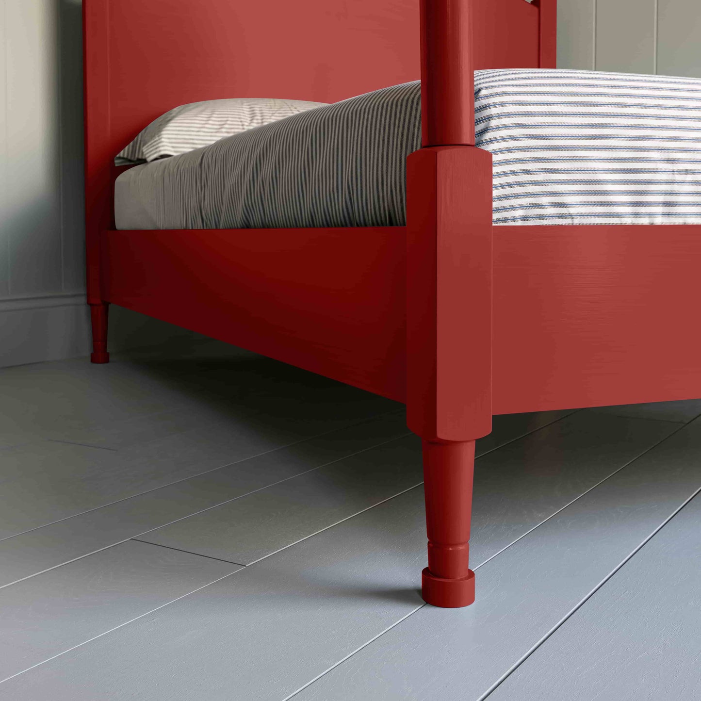 Out for the Count Three Quarter Poster Bed in Ruby Red Legs Closeup - NiX