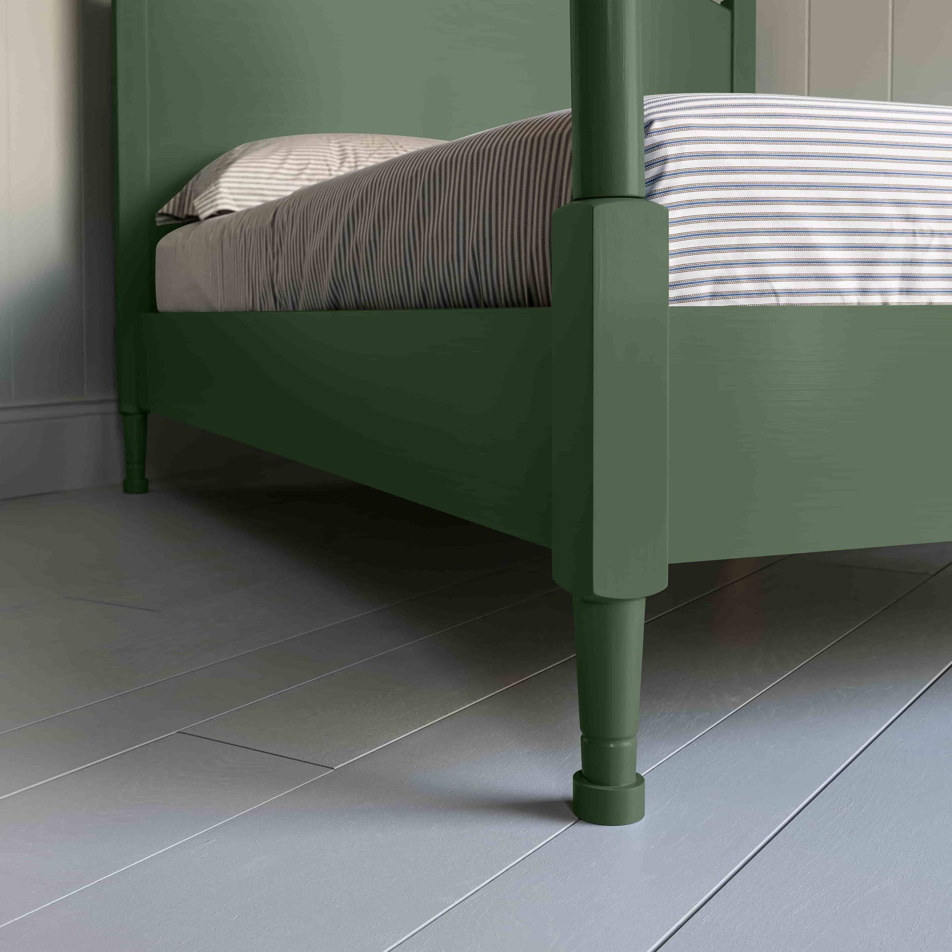 Out for the Count Three Quarter Poster Bed in Sage Green Legs Closup - NiX