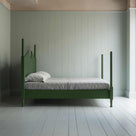  Out for the Count Three Quarter Poster Bed in Sage Green Side View With Mattress and  pillows - NiX 