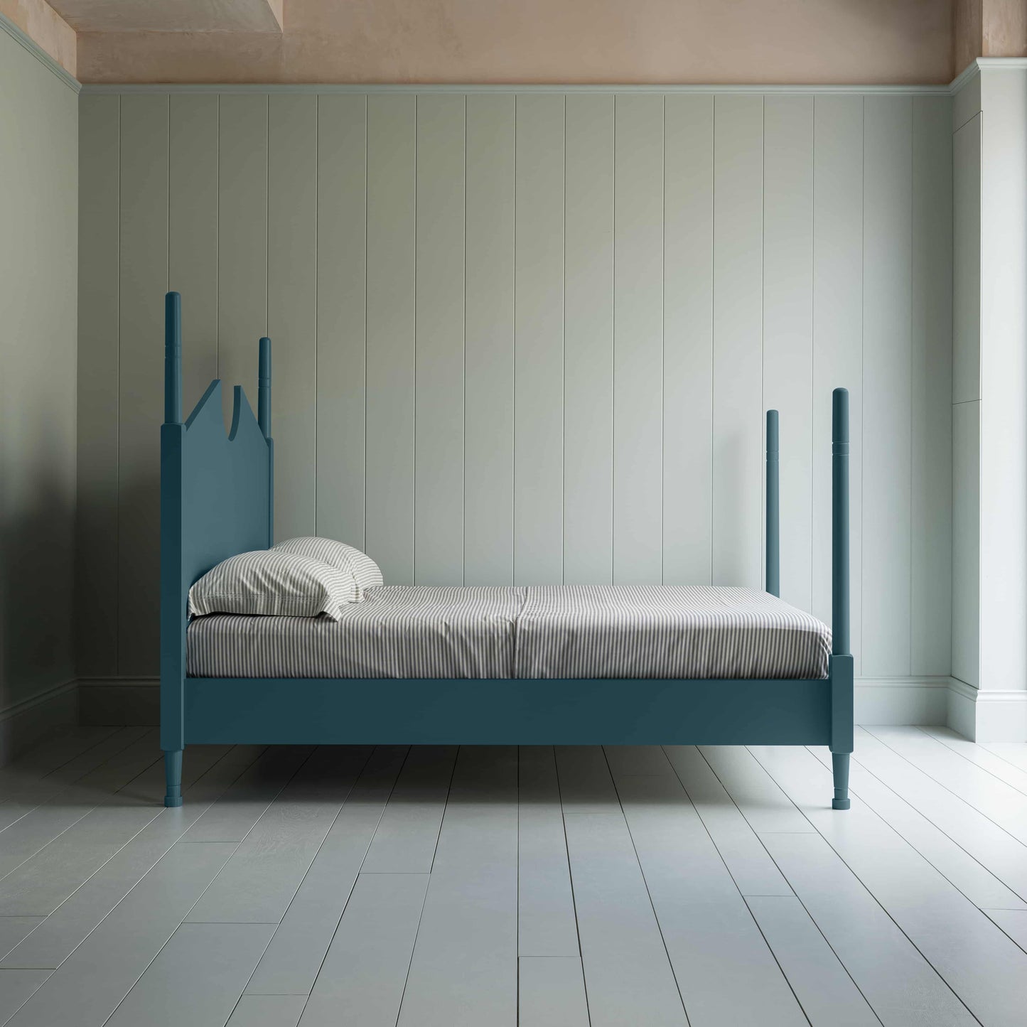 Out for the Count Three Quarter Poster Bed in Marine Blue Side View - By NiX