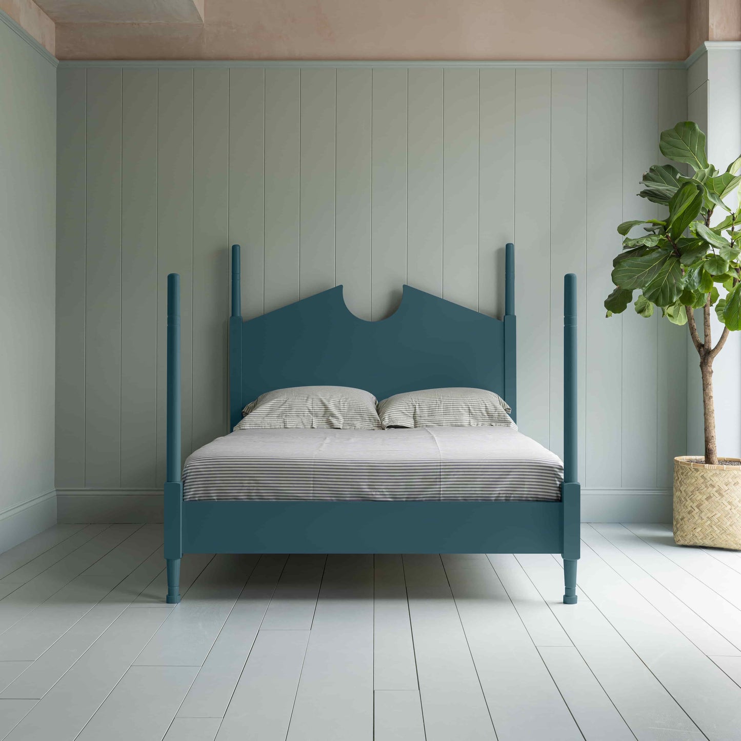 Out for the Count Three Quarter Poster Bed in Marine Blue Front View WIth In Door Plant - By NiX