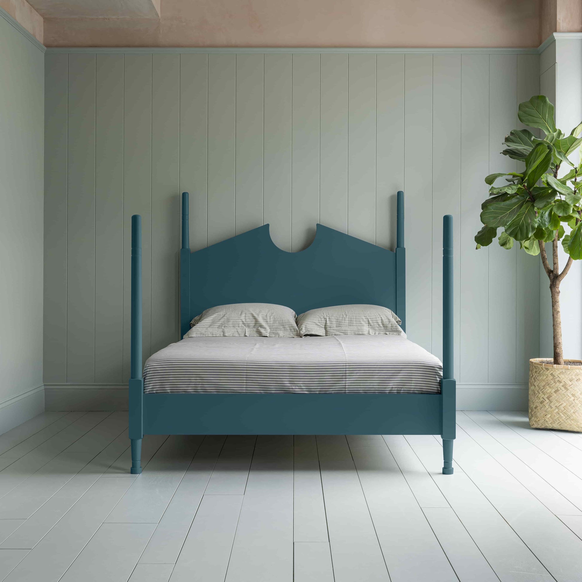 Out for the Count Three Quarter Poster Bed in Marine Blue Front View WIth In Door Plant - By NiX