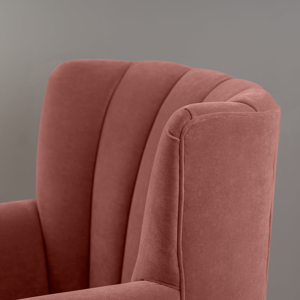  High-back design closeup of Time Out Armchair in Damson Intelligent Velvet by NiX Furniture Studio, London. 