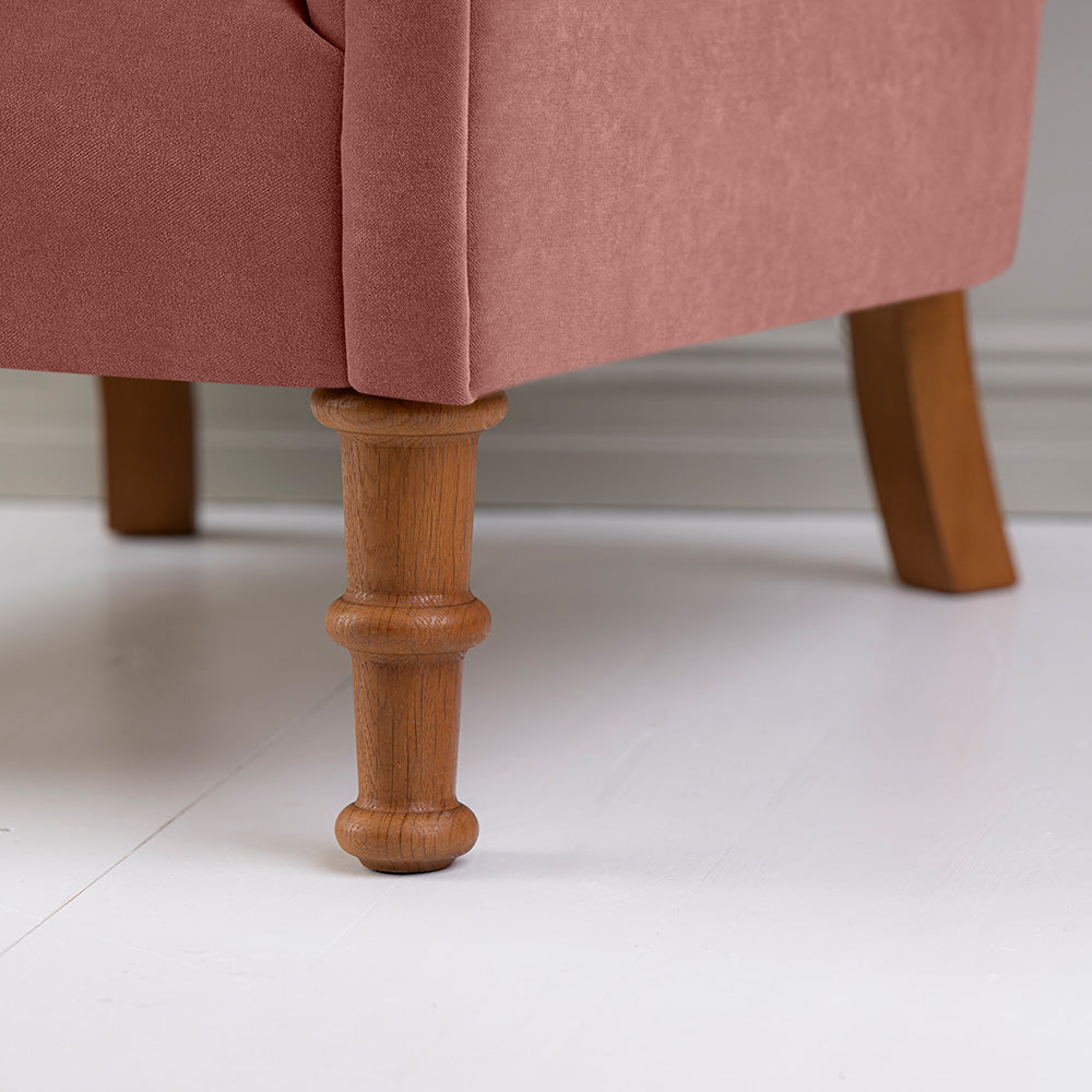  Handcrafted Wooden Foot Design of Time Out Armchair in Intelligent Velvet Damson - By Nicola Harding & Co. 