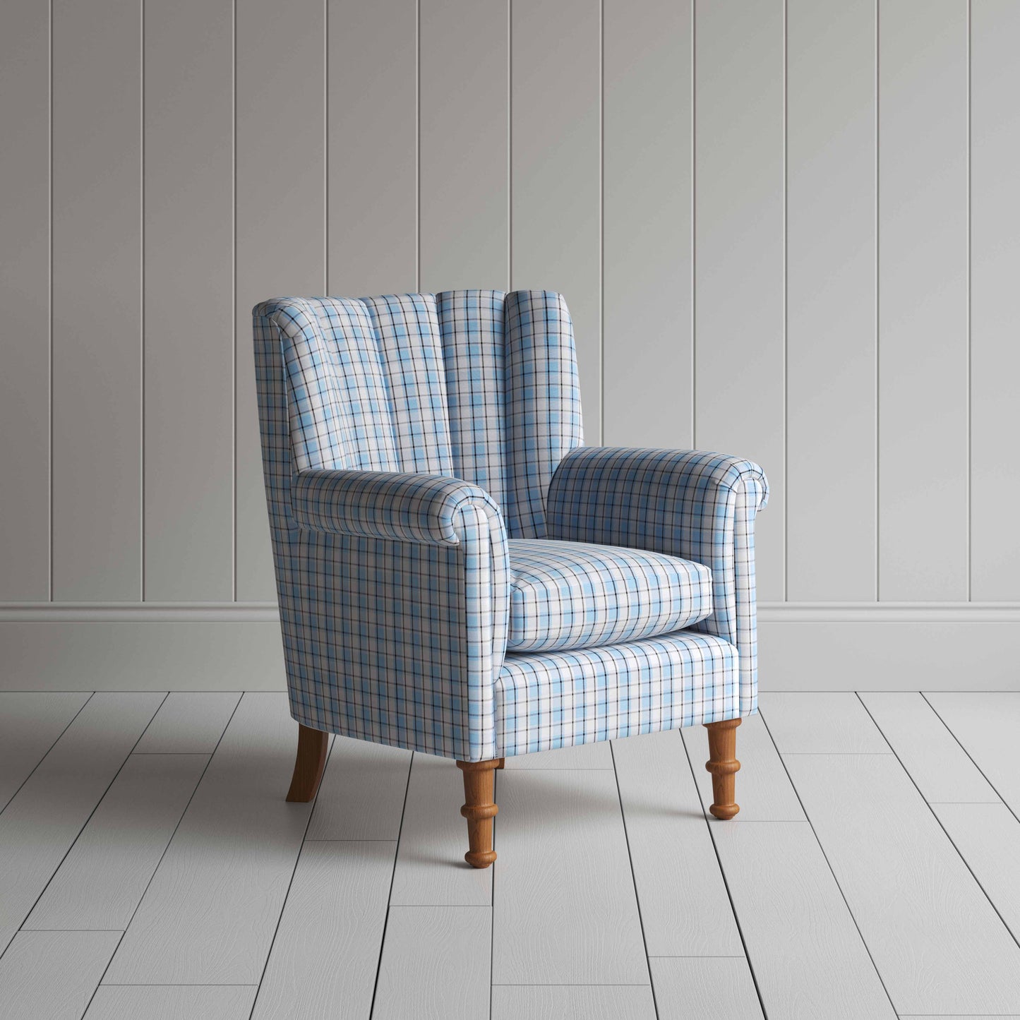 Time Out Armchair in Square Deal Cotton, Blue Brown