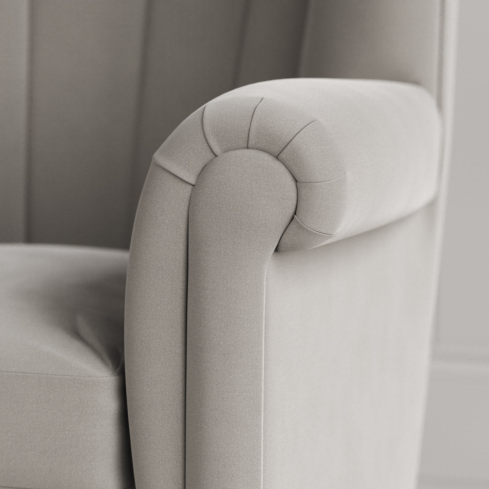  NiX design intelligent velvet fabric upholstered armchair arm detail shot. 