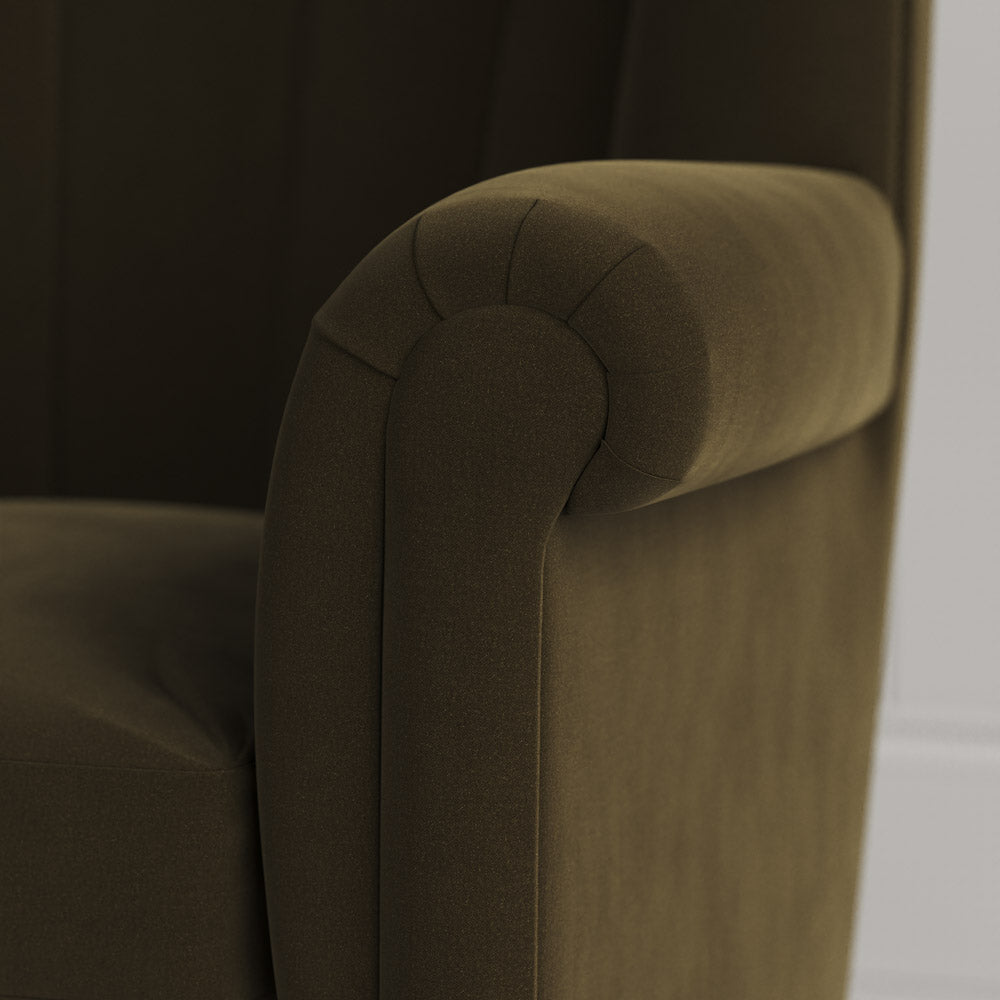  NiX design intelligent velvet fabric upholstered armchair arm detail shot. 