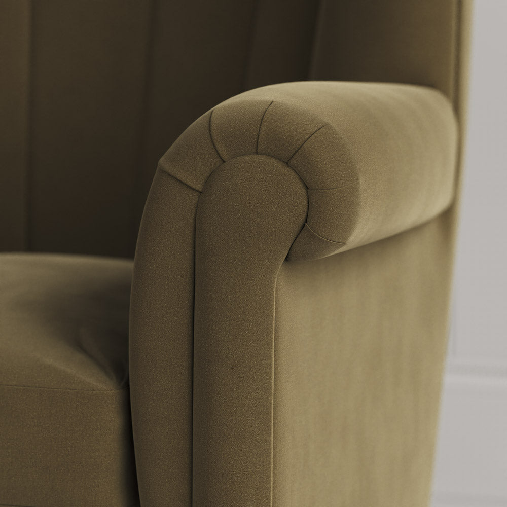  NiX design intelligent velvet fabric upholstered armchair arm detail shot. 