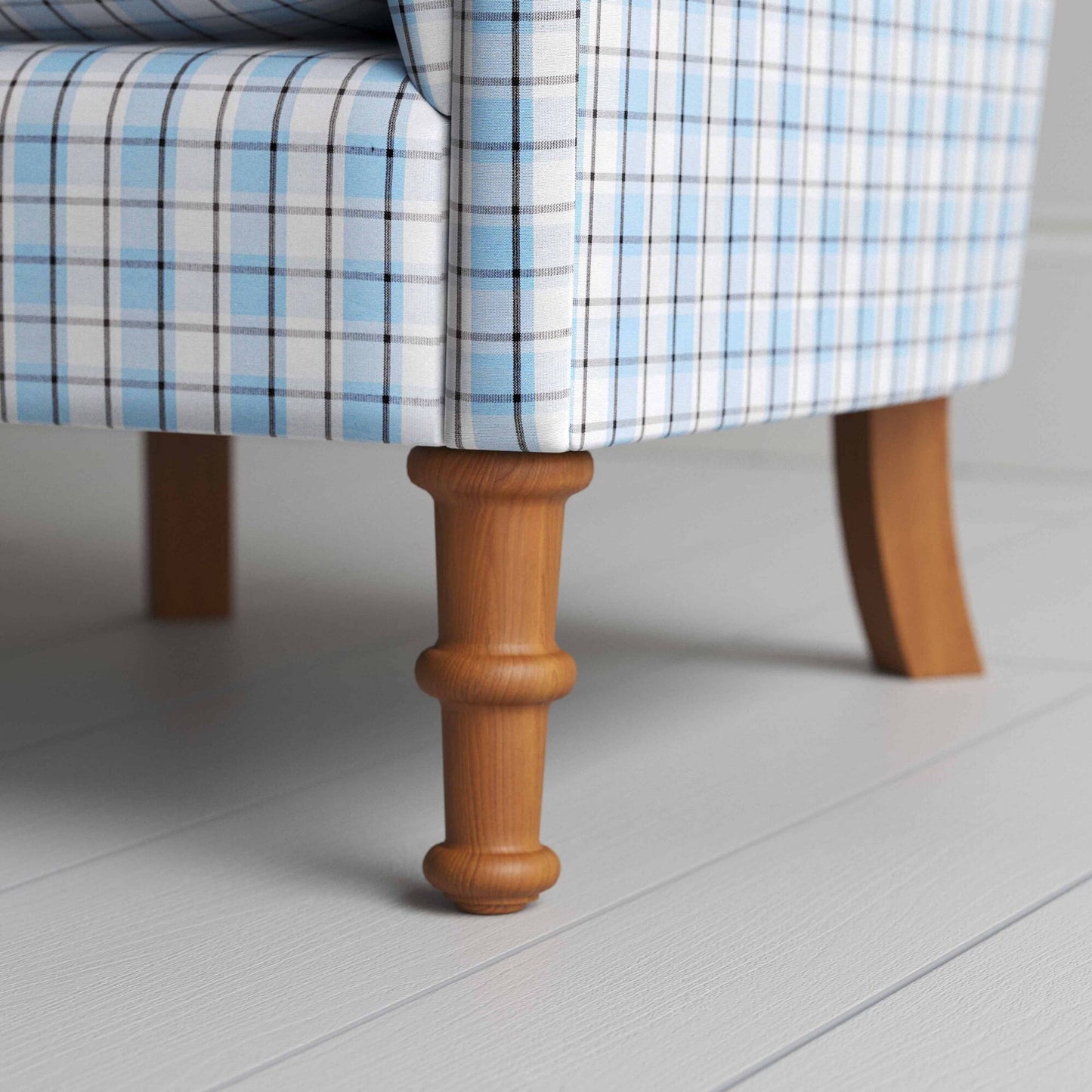 Time Out Armchair in Square Deal Cotton, Blue Brown, Front Wooden Foot Design Closeup - NiX