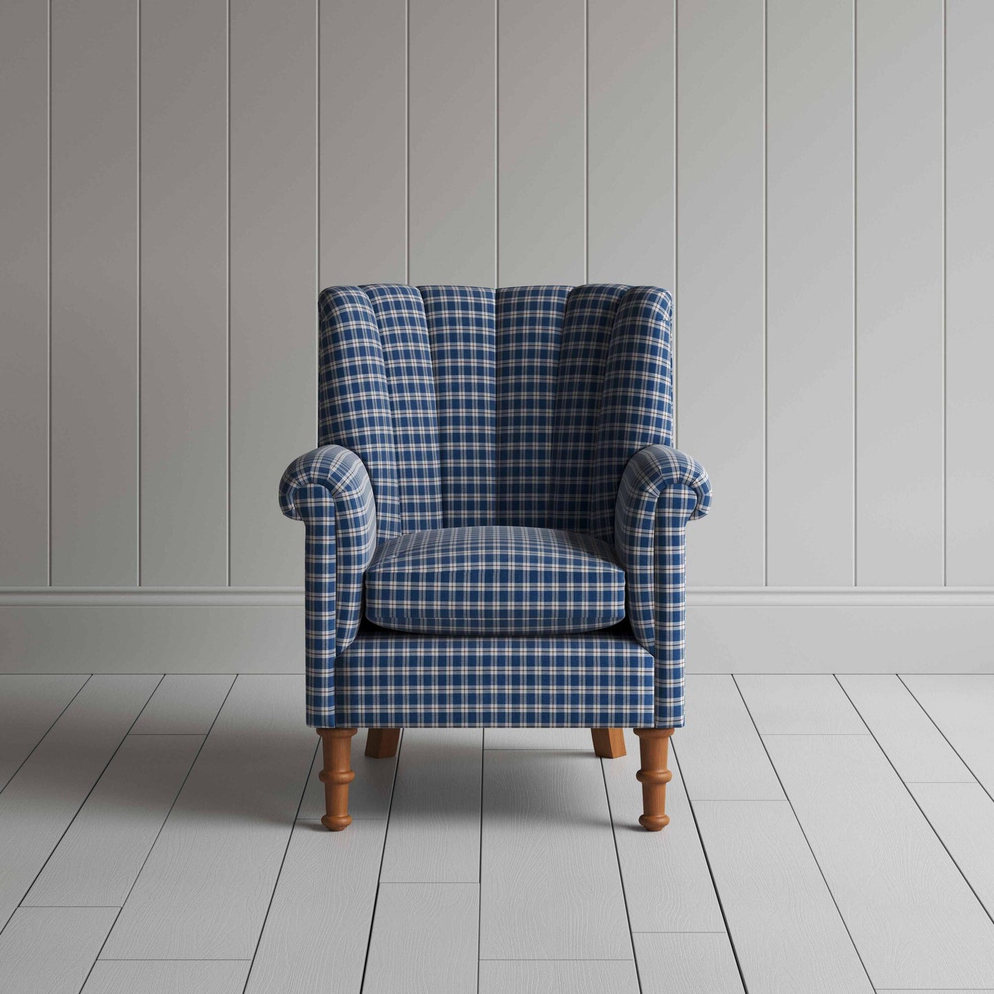 Time Out Armchair in Well Plaid Cotton, Blue Brown, Front View - NiX