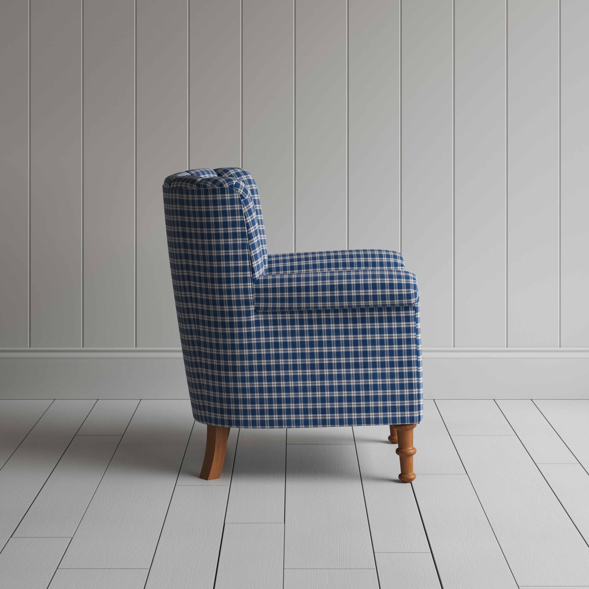  Time Out Armchair in Well Plaid Cotton, Blue Brown, Side View - NiX 
