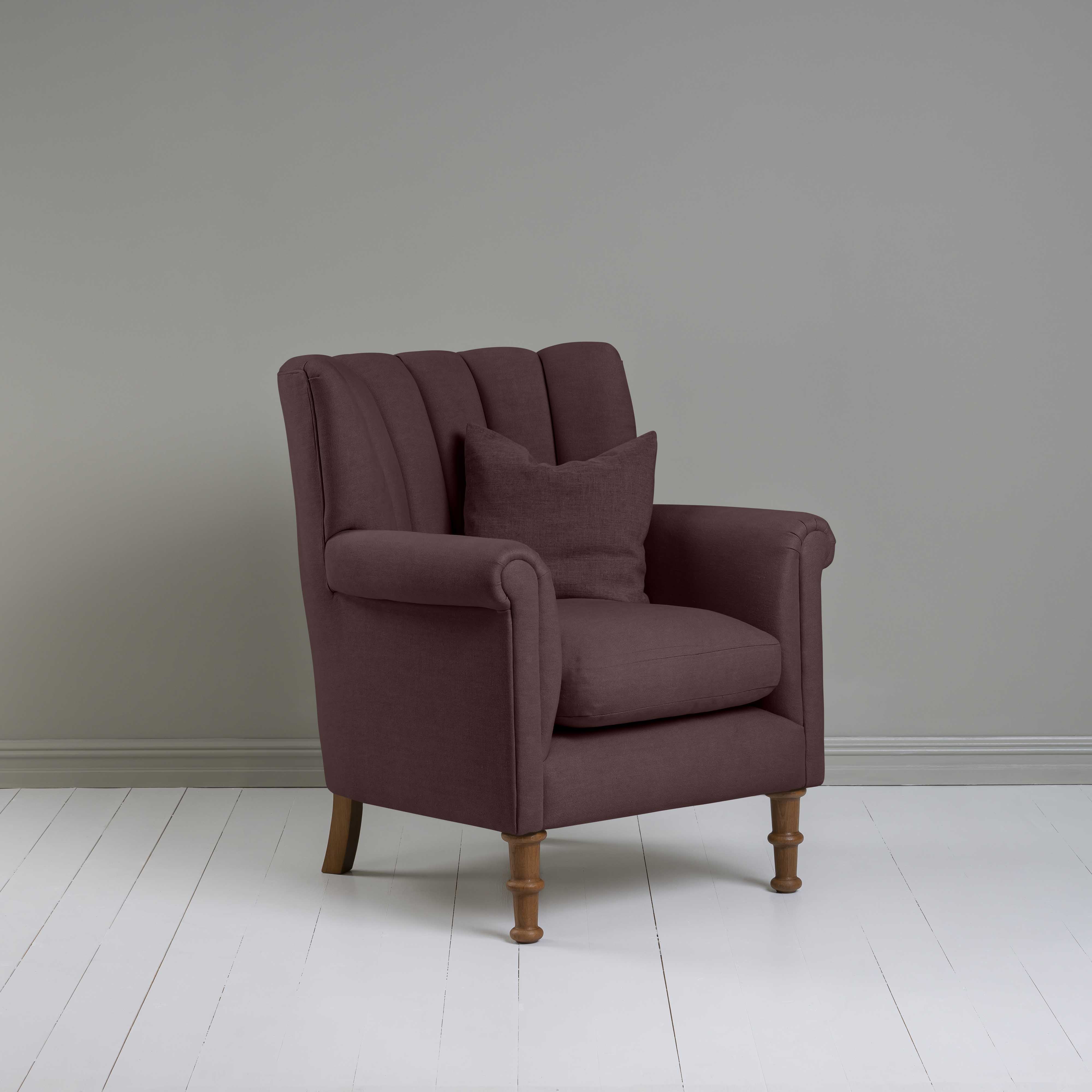  Time Out Armchair in Laidback Linen Damson, Side View With Matching Cushion on it - NiX 