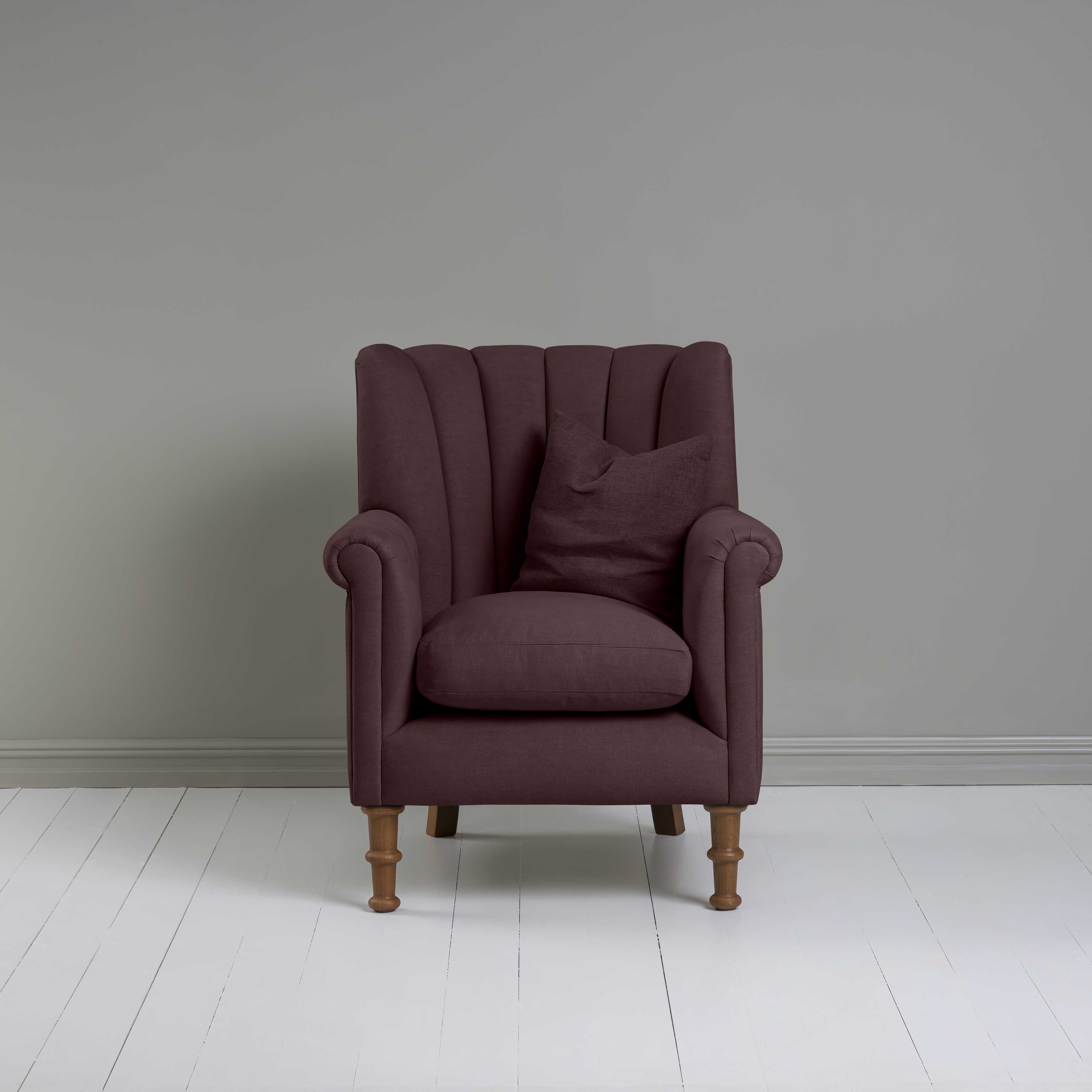  Time Out Armchair in Laidback Linen Damson, Front View With Matching Cushion on it - NiX 